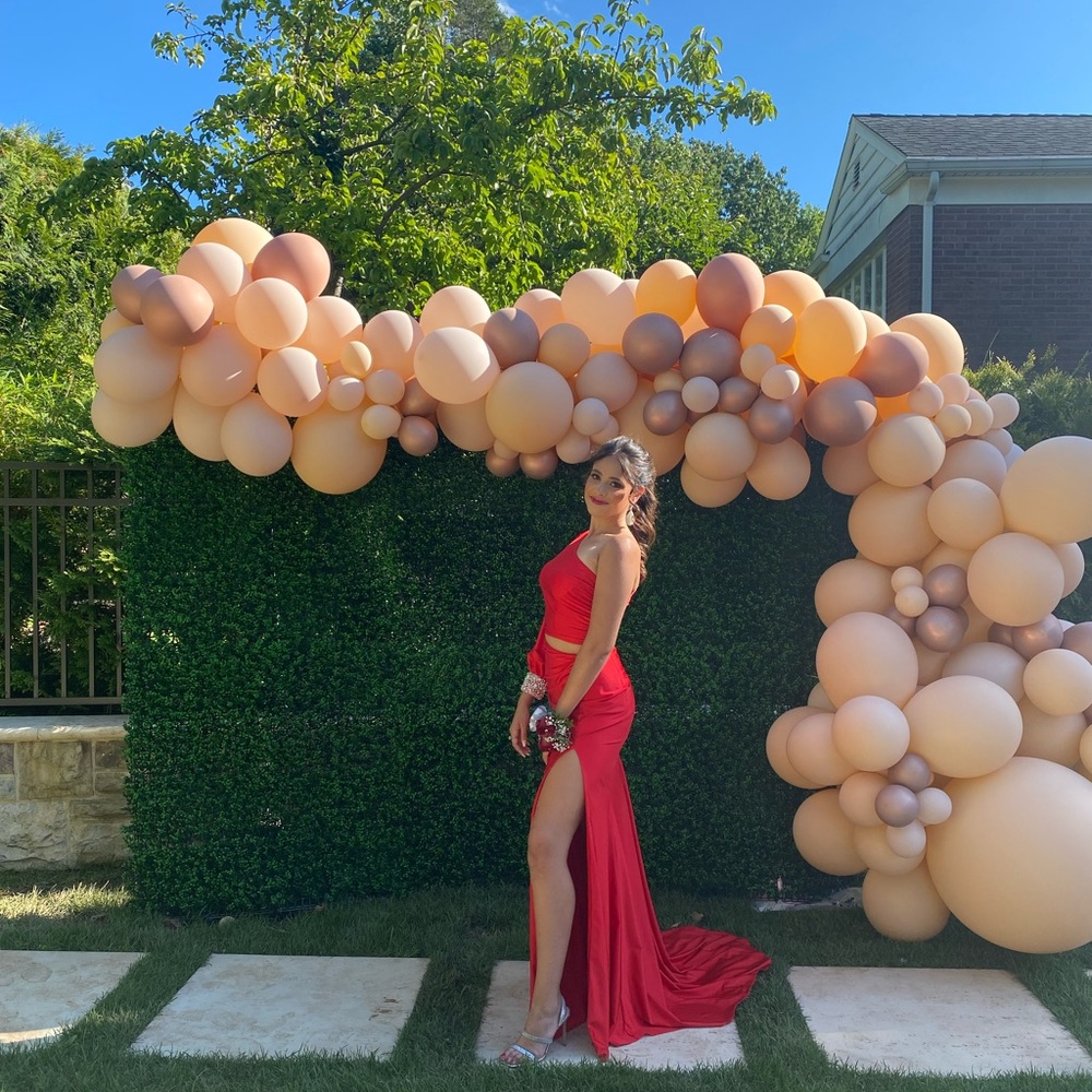Red two piece dress with off the shoulder